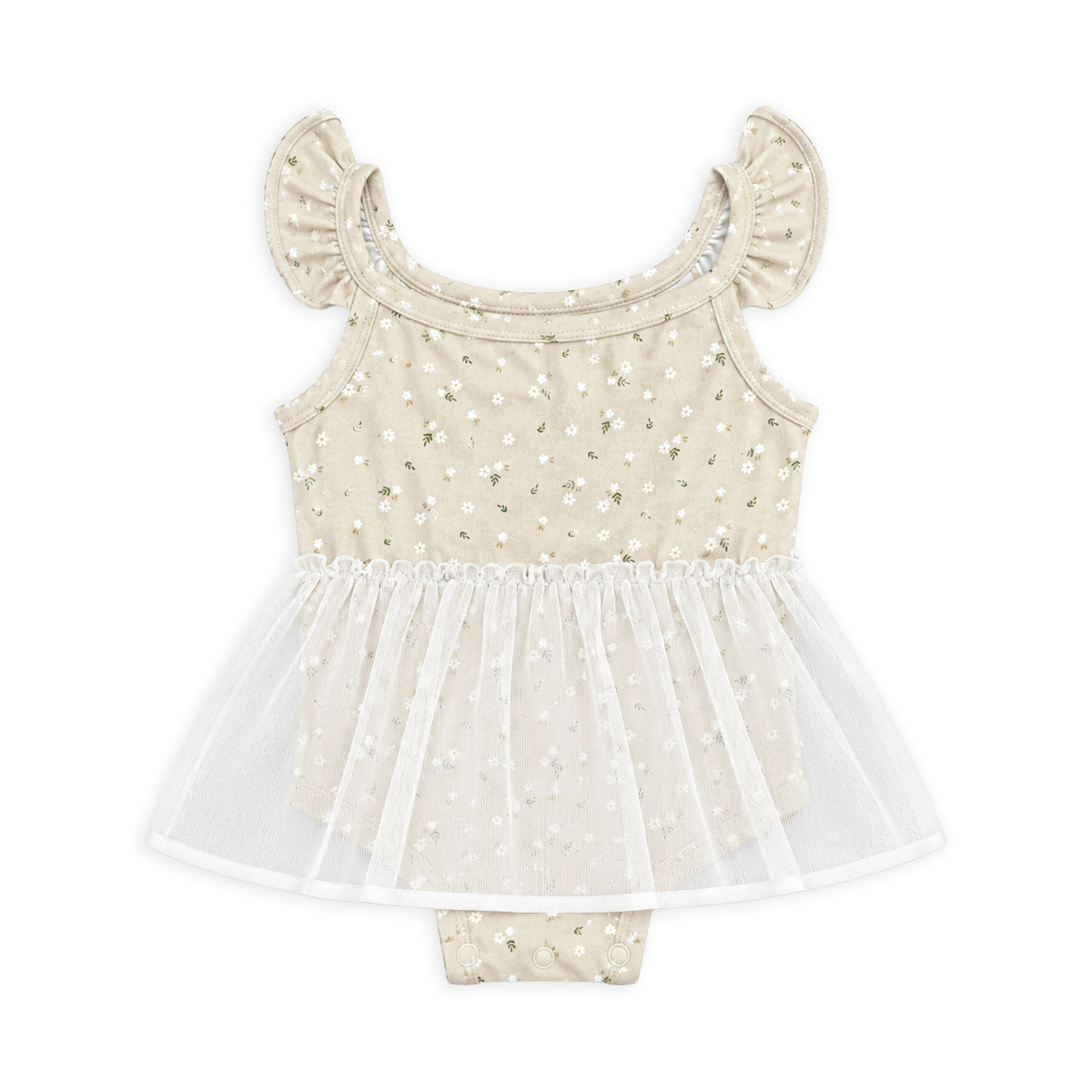  front of Ditsy Floral Ruffle Tutu Baby Girl Romper made of Organic Jersey