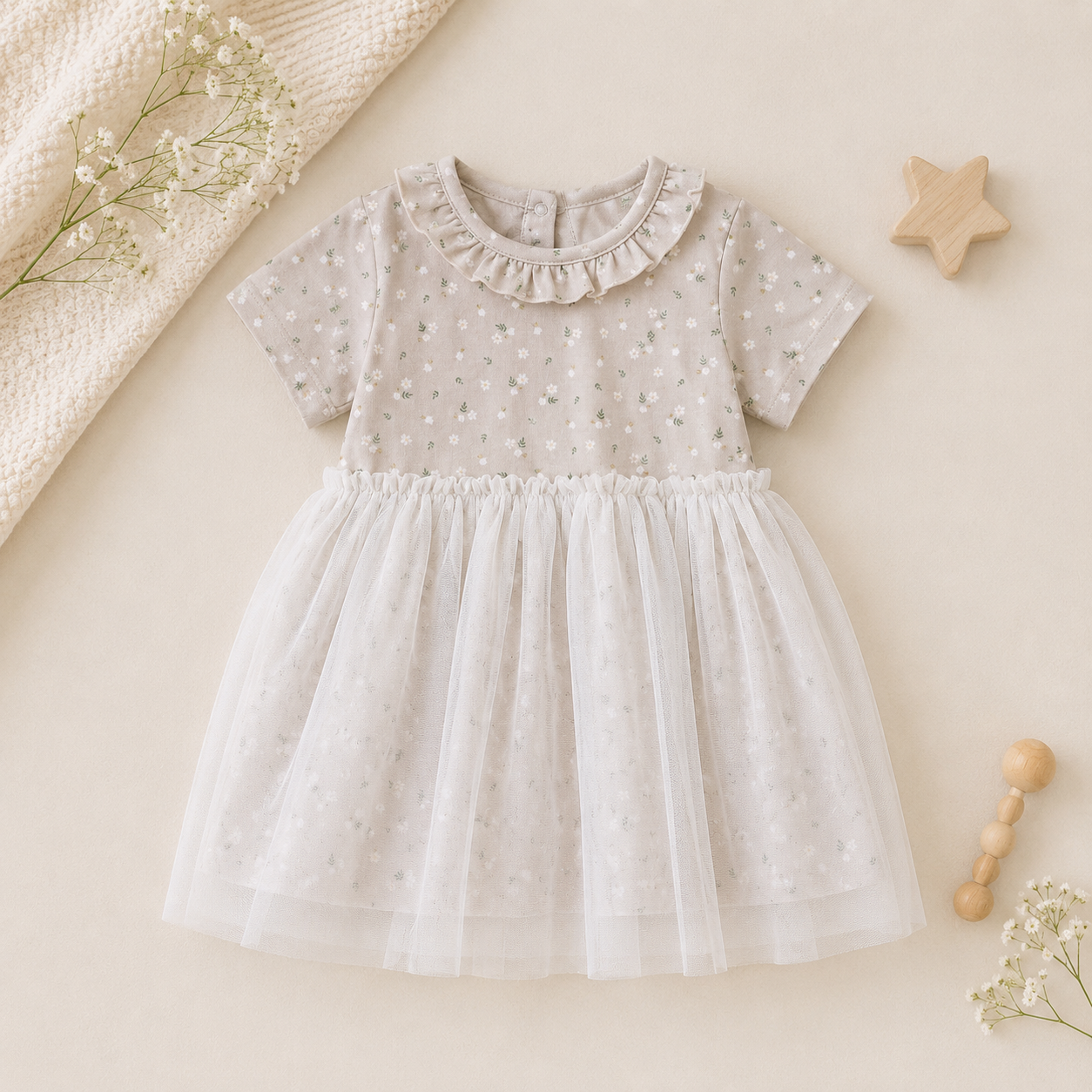 Ditsy Floral Ruffle Collar Tutu Baby Dress and Bloomer, Organic Jersey by Viverano