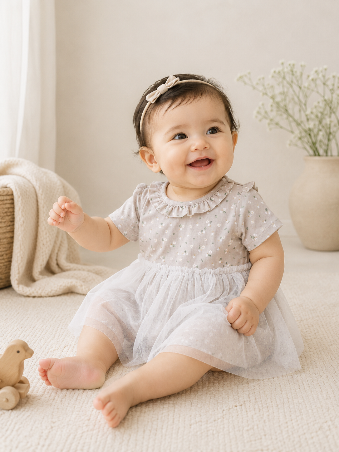 Baby Wearing Ditsy Floral Ruffle Collar Tutu Baby Dress and Bloomer, Organic Jersey by Viverano