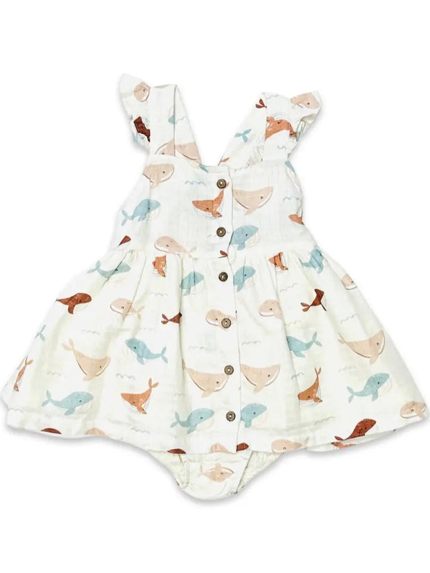 Whales Ruffle & Button Baby Dress+Bloomer (Organic Muslin)