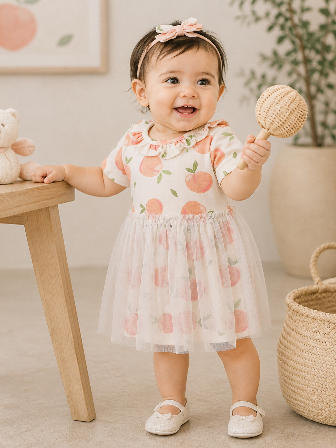 Baby Wearing Peaches Ruffle Collar Tutu Baby Dress and Bloomer, Organic Jersey by Viverano