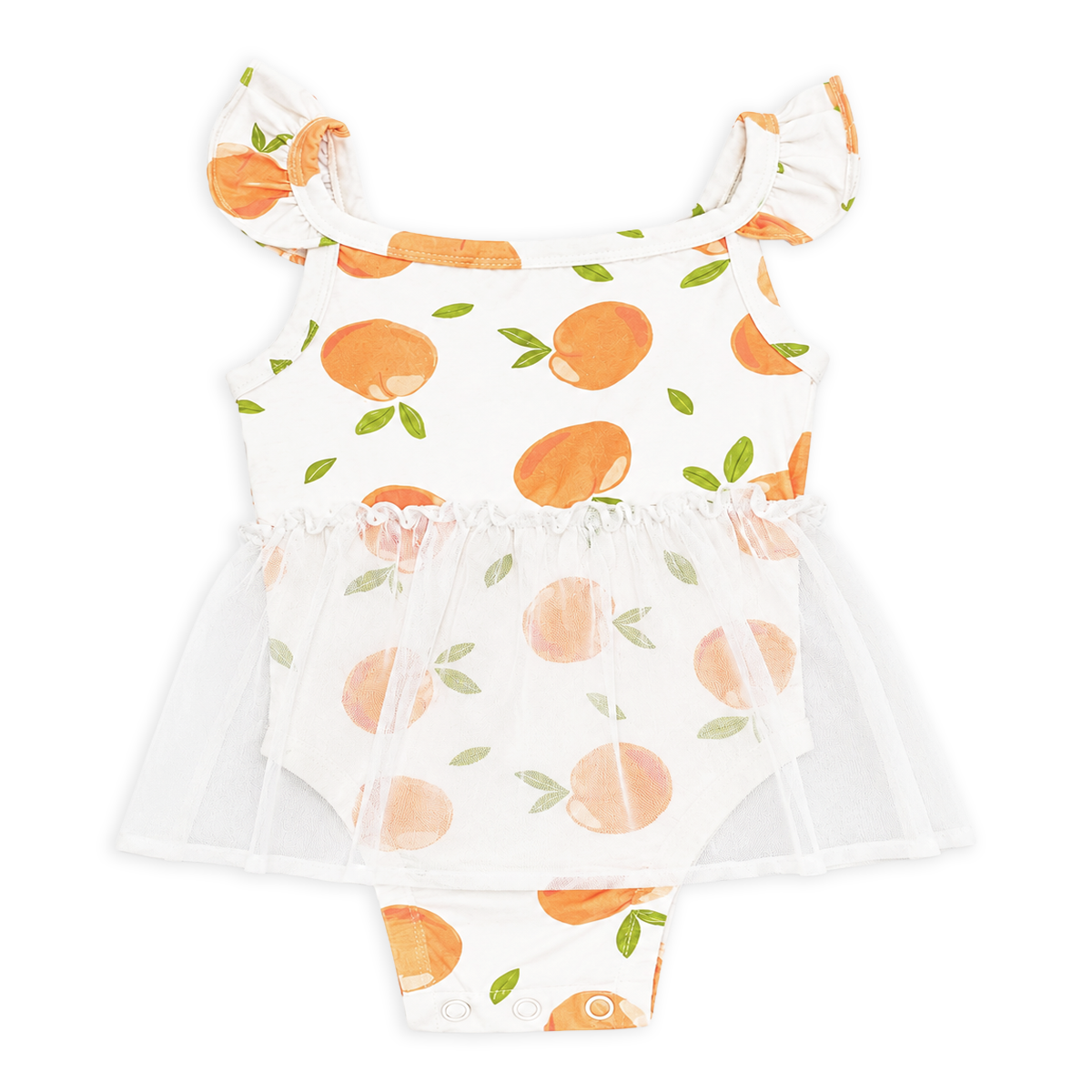 Front of Peaches Ruffle Tutu Baby Girl Romper  made from Organic Jersey