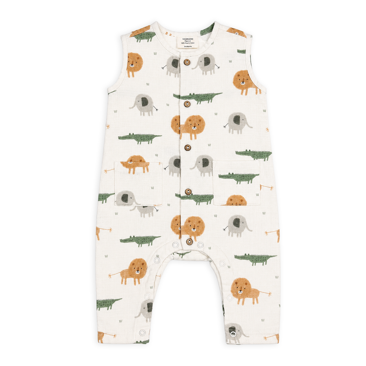 Front of Savannah Sleeveless Button Baby Jumpsuit made of Organic Muslin