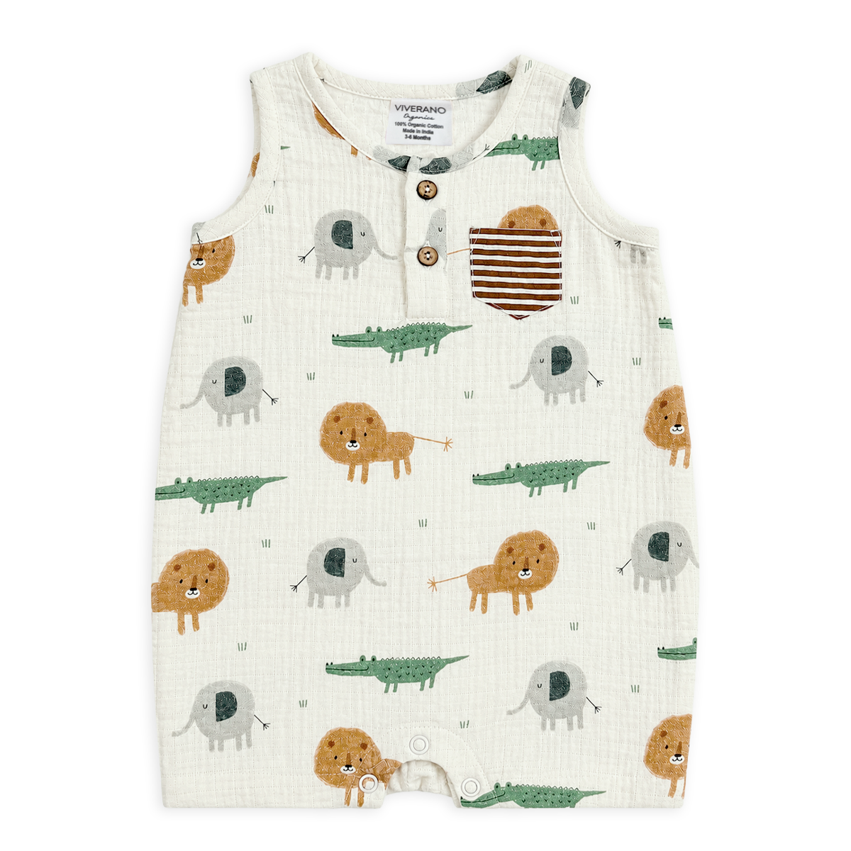 Front of Savannah Henley Baby Short Romper made of Organic Muslin