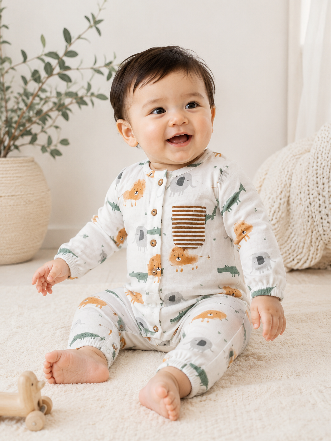 Baby Wearing Savannah Pocket and Button Baby Jumpsuit, Organic Muslin by Viverano