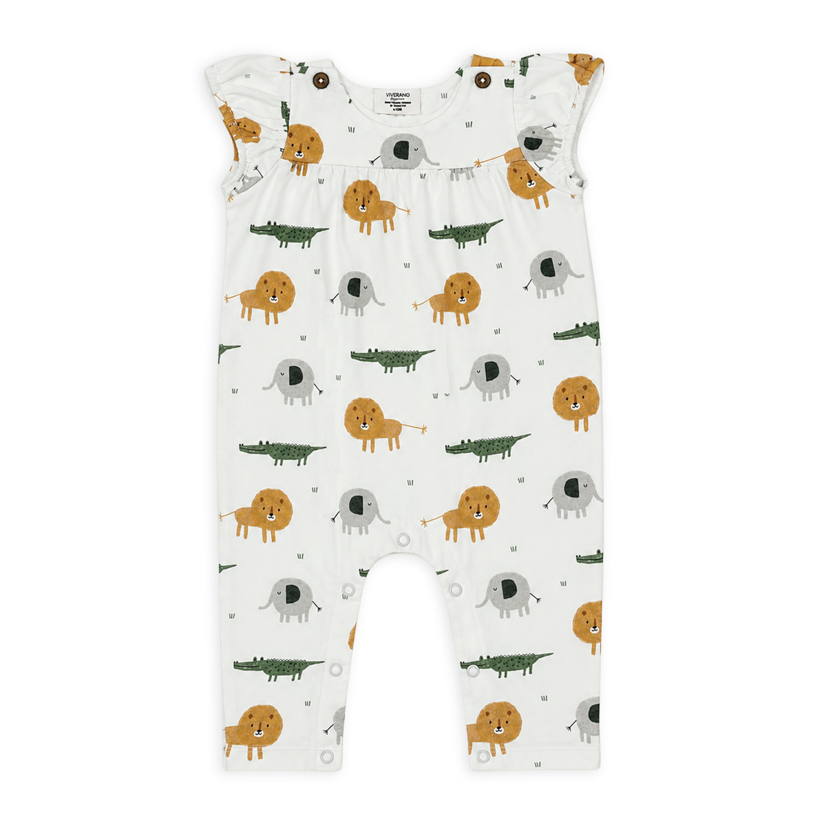 Front of savannah wrap neck baby girl jumpsuit made of organic jersey