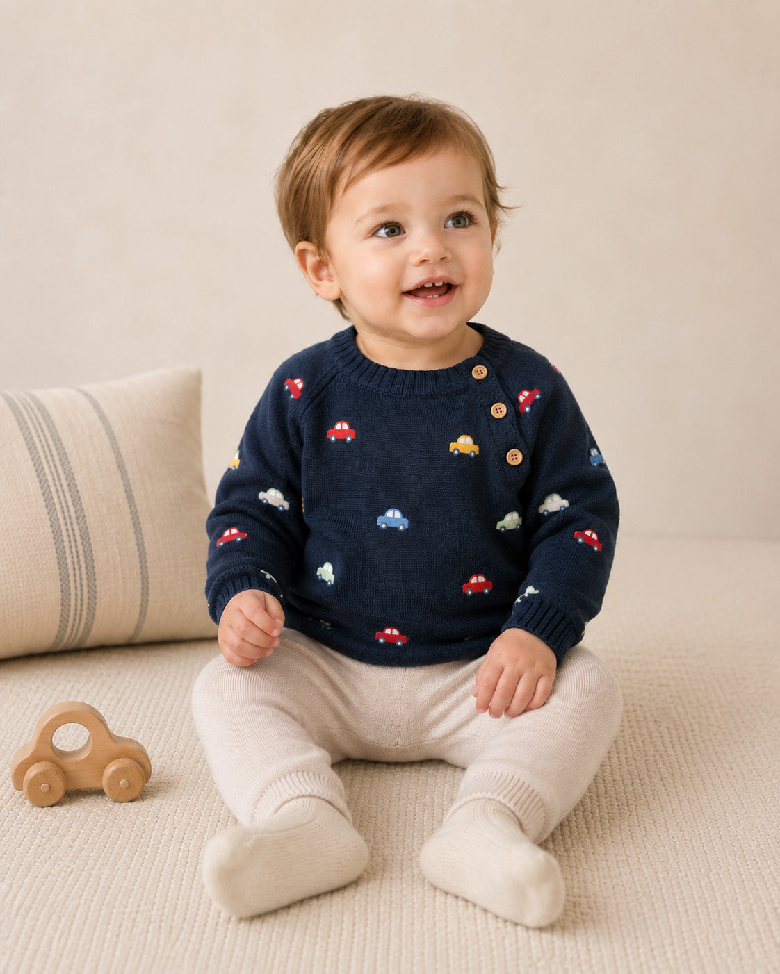 Baby Wearing Mini Cars Embroidered Raglan Baby Pullover Sweater With Matching Pants by Viverano