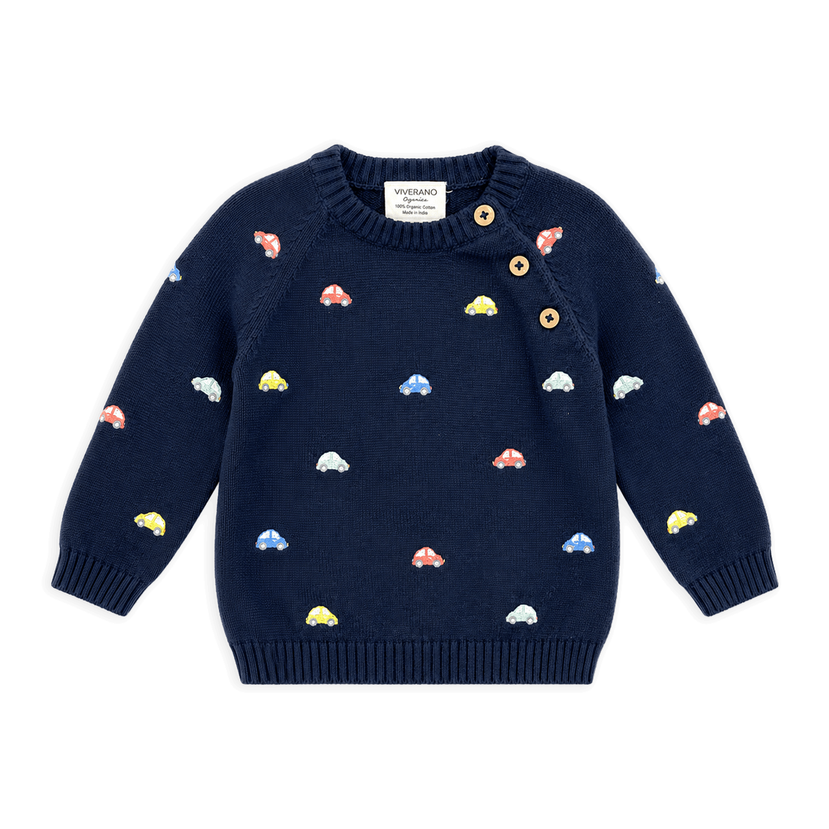 Mini Cars Embroidered Raglan Baby Pullover Sweater, Organic Cotton