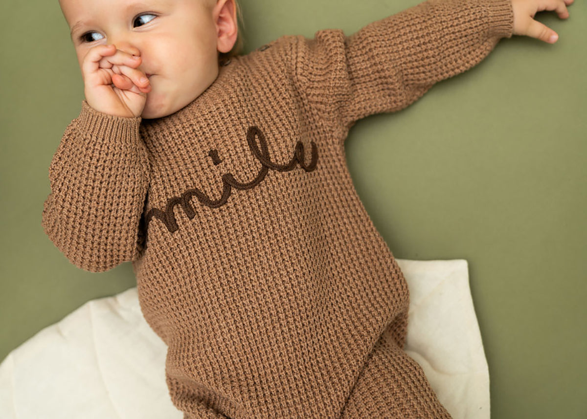Smile Embroidered Chunky Sweater Knit Baby Jumpsuit (Organic Cotton)