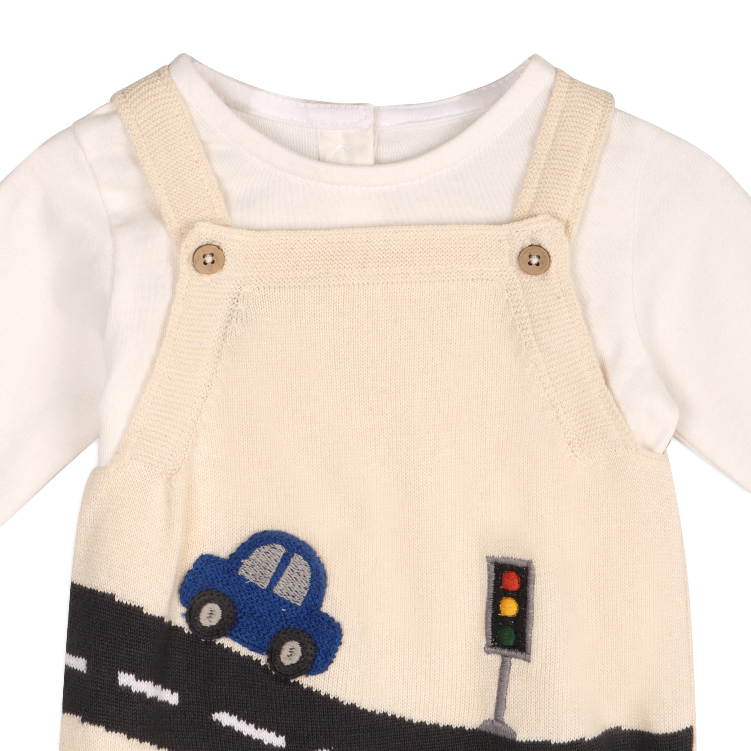 Conjunto de mono y body de punto para bebé con apliques de coche (algodón orgánico)