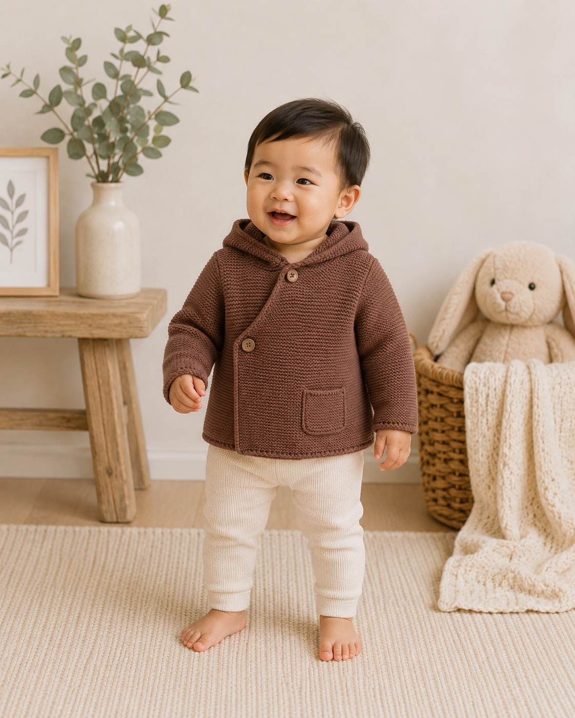 Baby Wearing Cocoa Heather Hooded Button and Pocket Sweater Knit Baby Jacket, Organic Cotton by Viverano