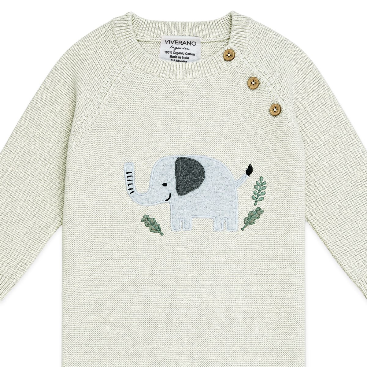 detail of Elephant Jacquard Baby Sweater Knit Jumpsuit made with organic cotton
