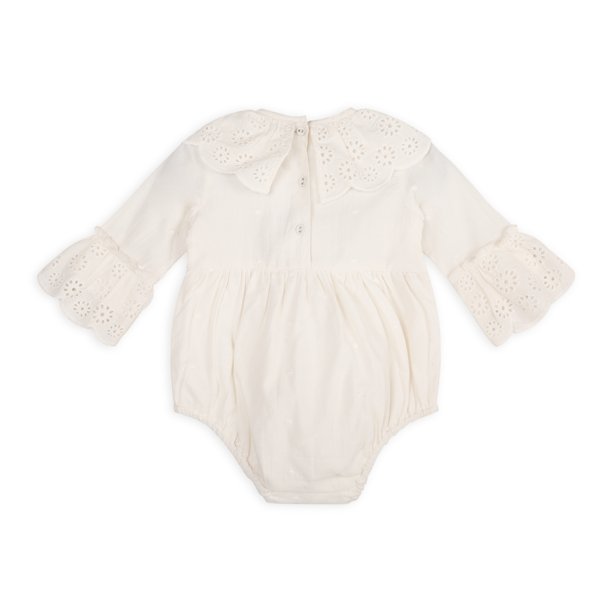 Organic Caitlyn Schiffli Lace Ruffle Collar Baby Girl Romper, Back