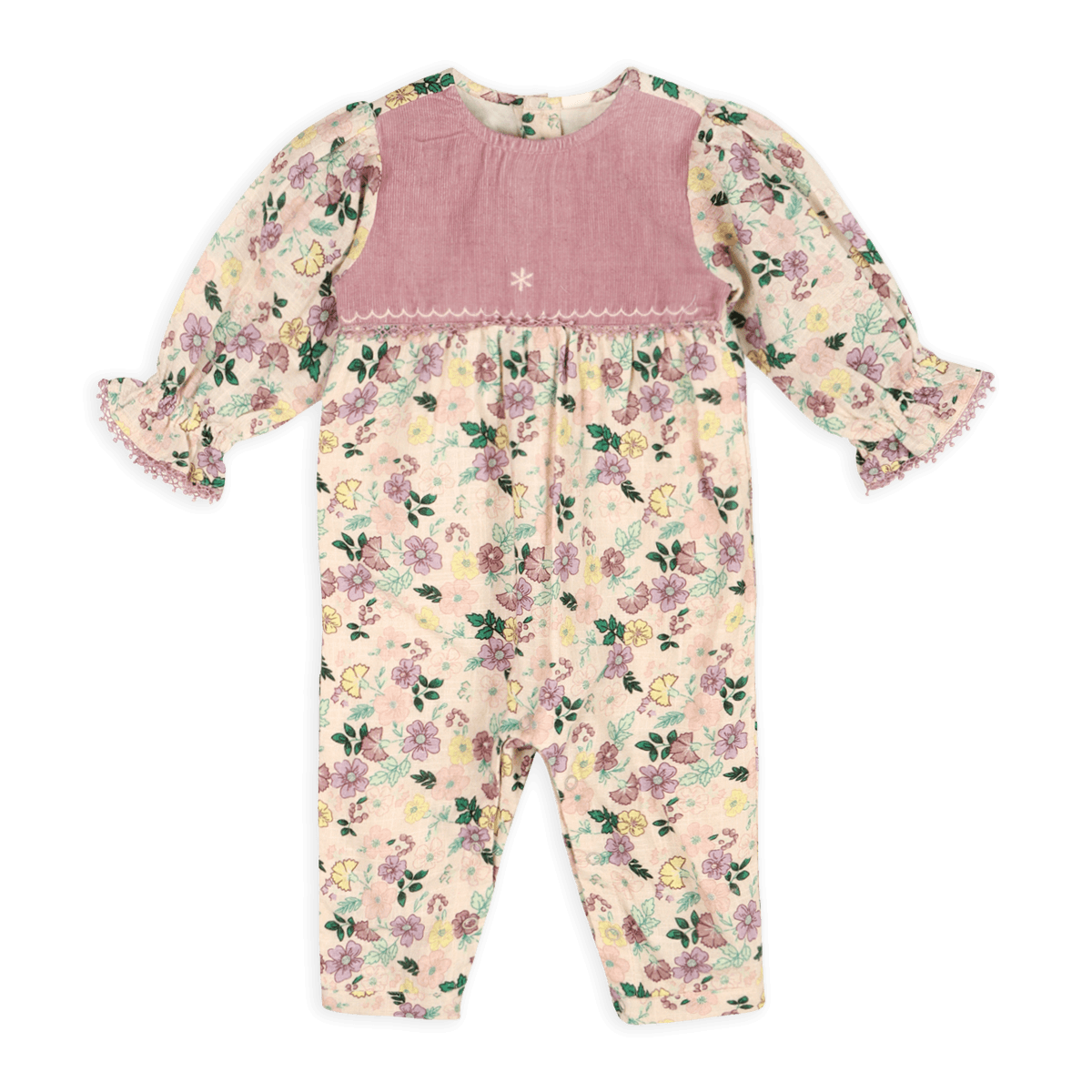 Floral Ruffle and Lace Sleeve Baby Jumpsuit, Organic