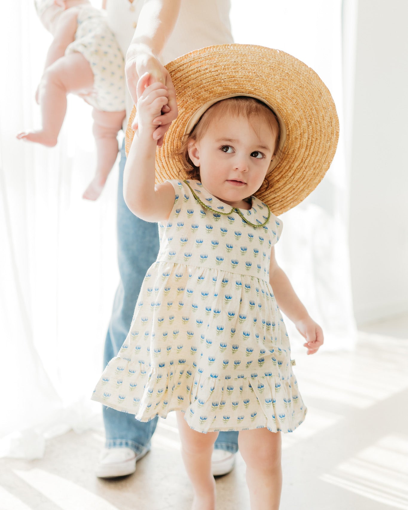 Harper Peter Pan Collar Floral Baby Flare Dress + Bloomer (Linen Blend)