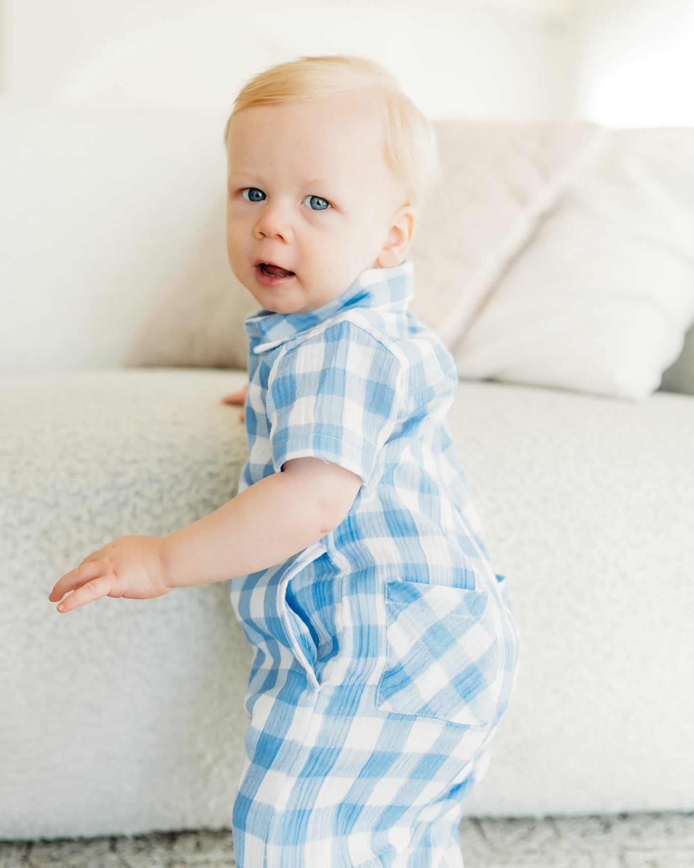 August Blue Gingham Cargo Romper (Organic Cotton)