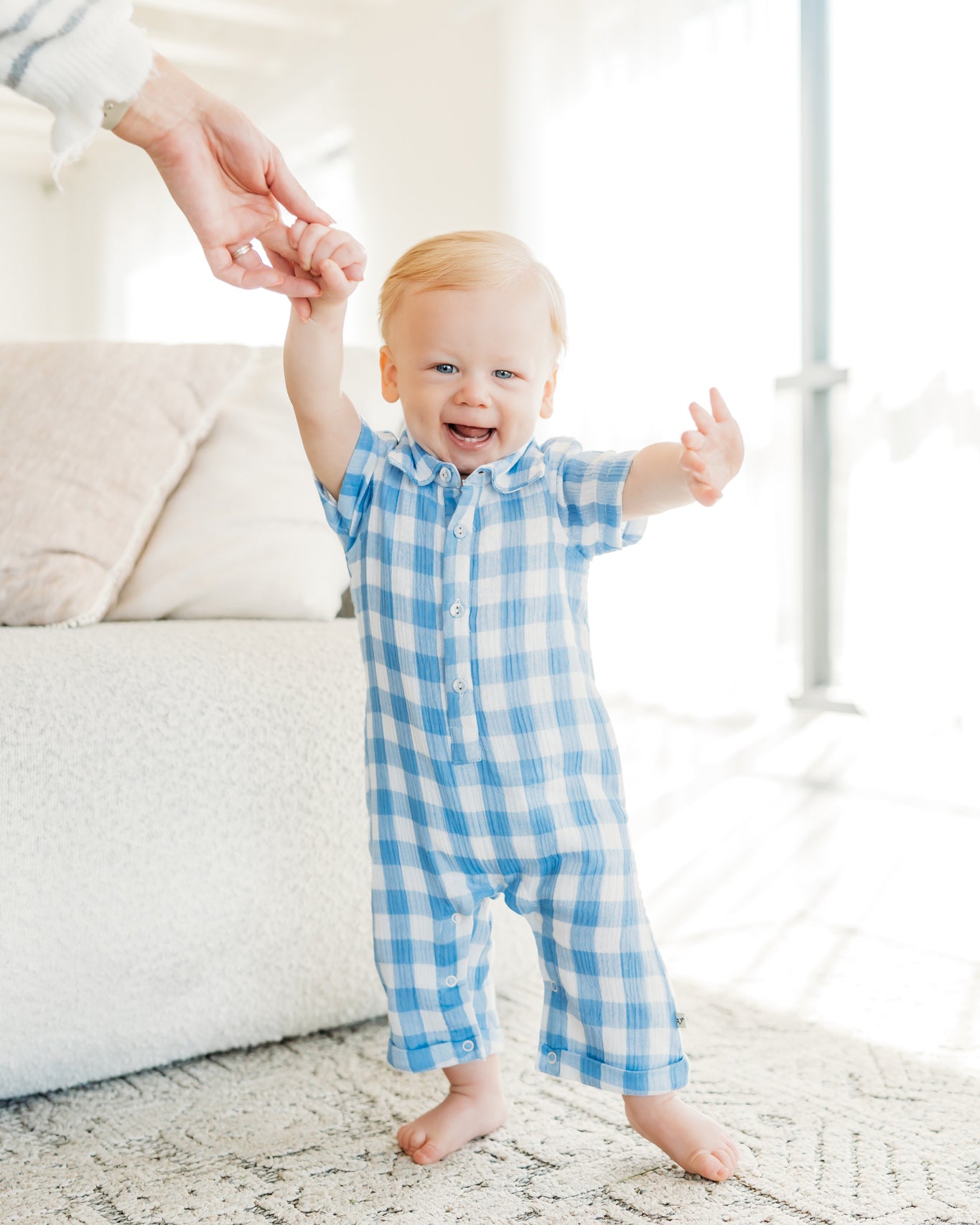 August Blue Gingham Cargo Romper (Organic Cotton)