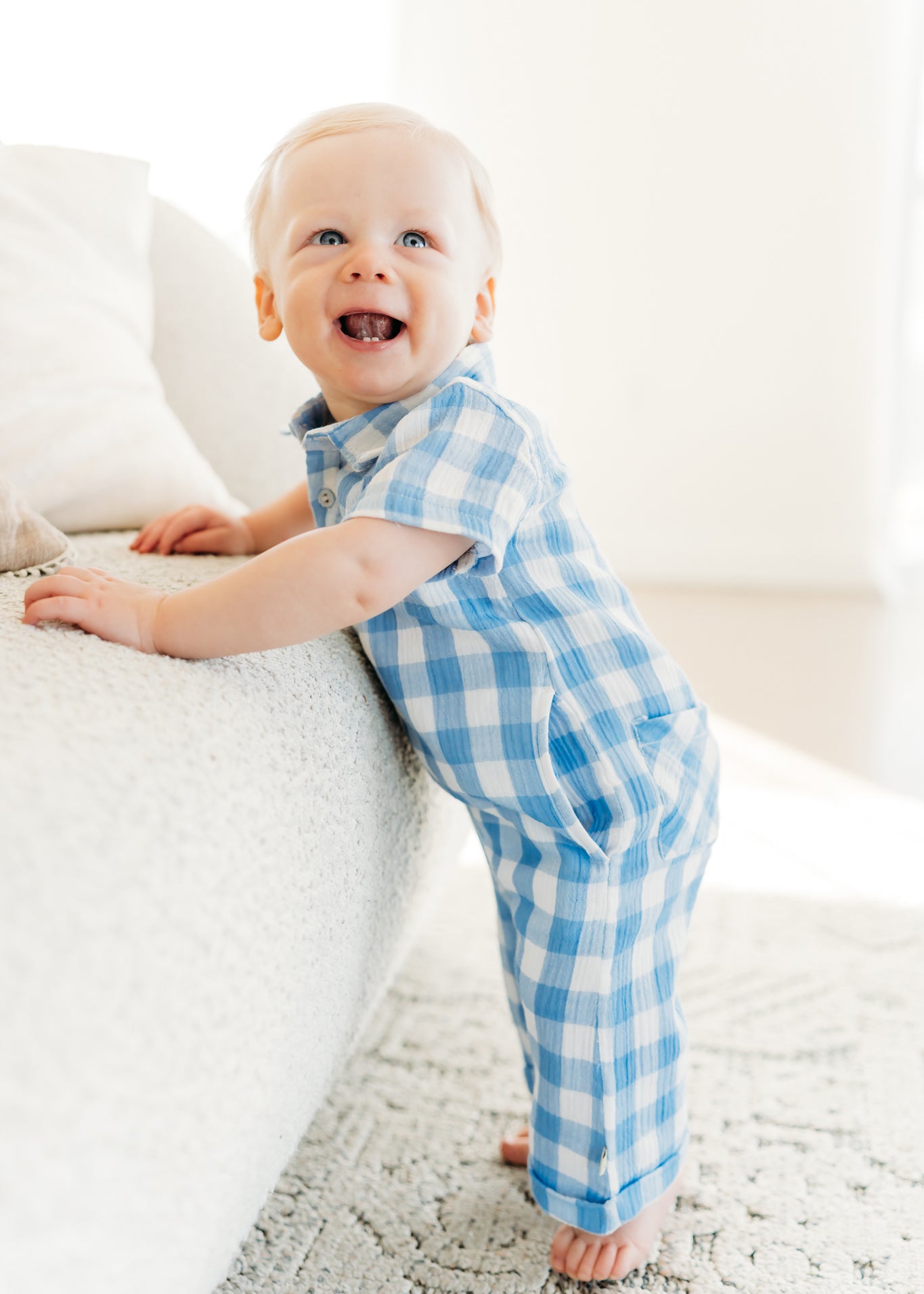 August Blue Gingham Cargo Romper (Organic Cotton)