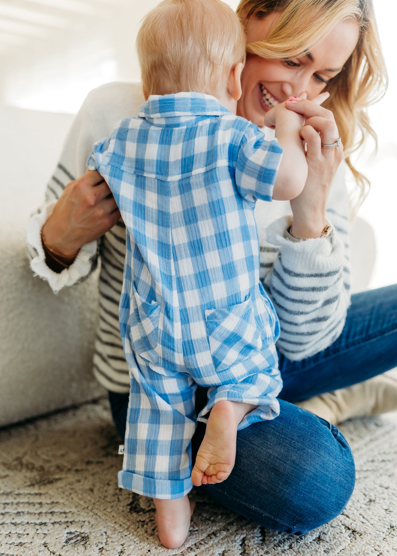 August Blue Gingham Cargo Romper (Organic Cotton)
