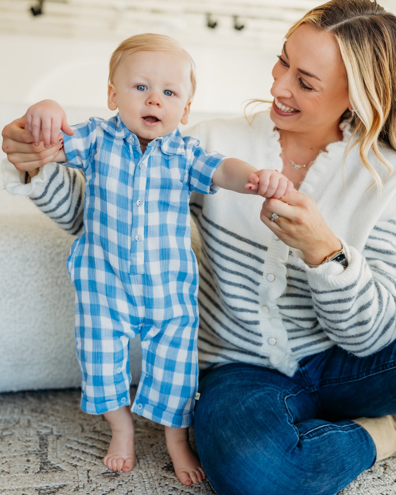 August Blue Gingham Cargo Romper (Organic Cotton)
