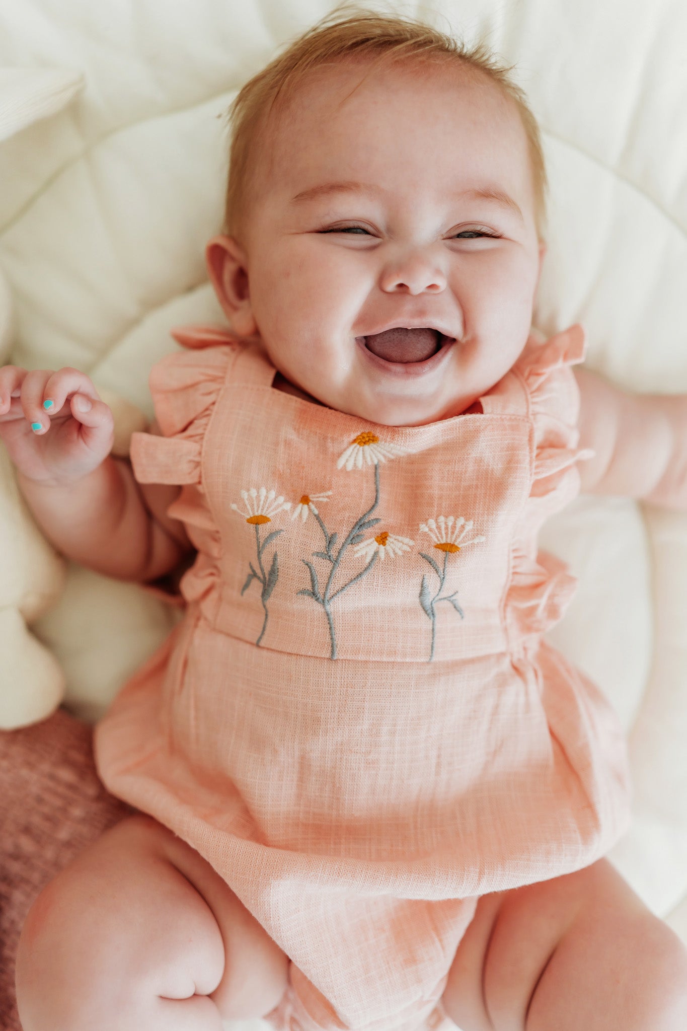 Daisy Linen Blend Embroidered Baby Romper (Natural Linen Blend)