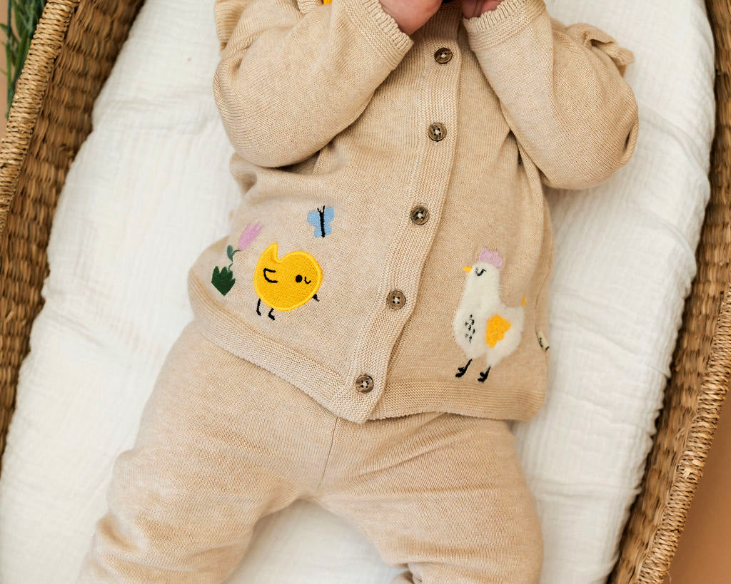 Chicken Little Embroidered Sweater Knit Baby Cardigan (Organic Cotton)