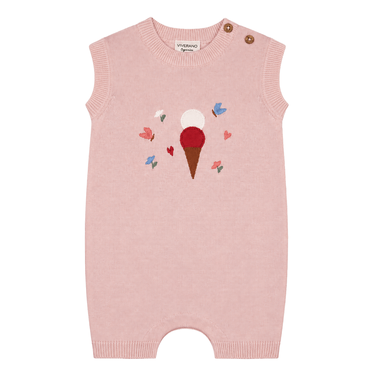 Ice Cream Embroidered Knit Sleeveless Baby Romper  made from organic cotton