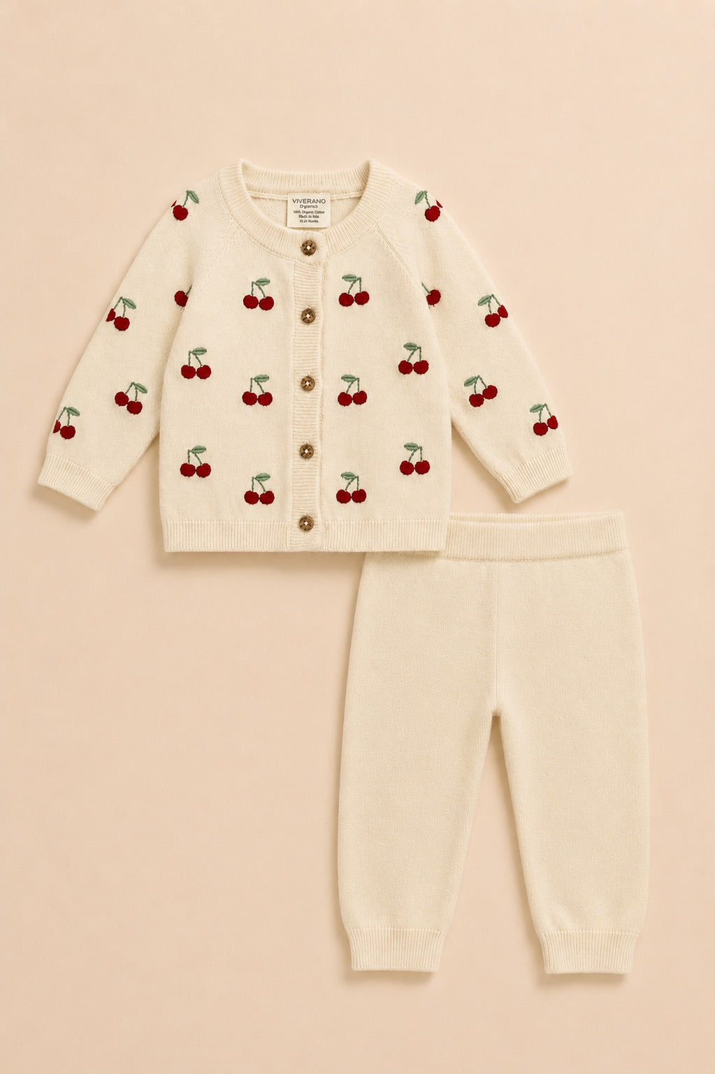 Cherry Embroidered Sweater Knit Baby Top and Pants, Organic Cotton