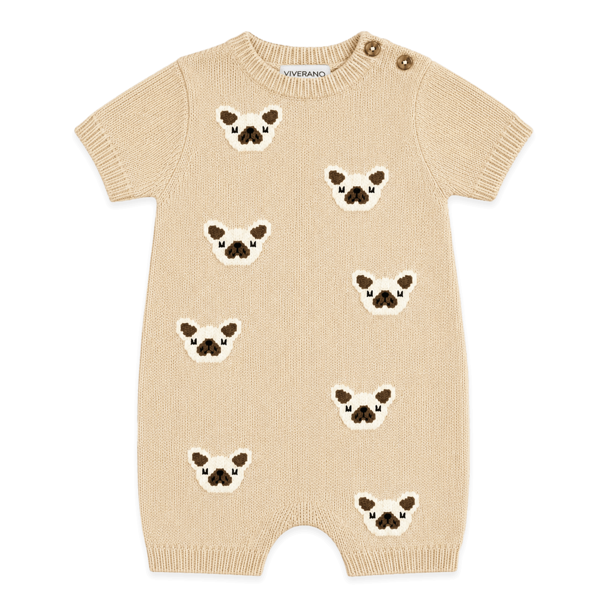 front of frenchie dog jacquard knit baby romper made with organic cotton