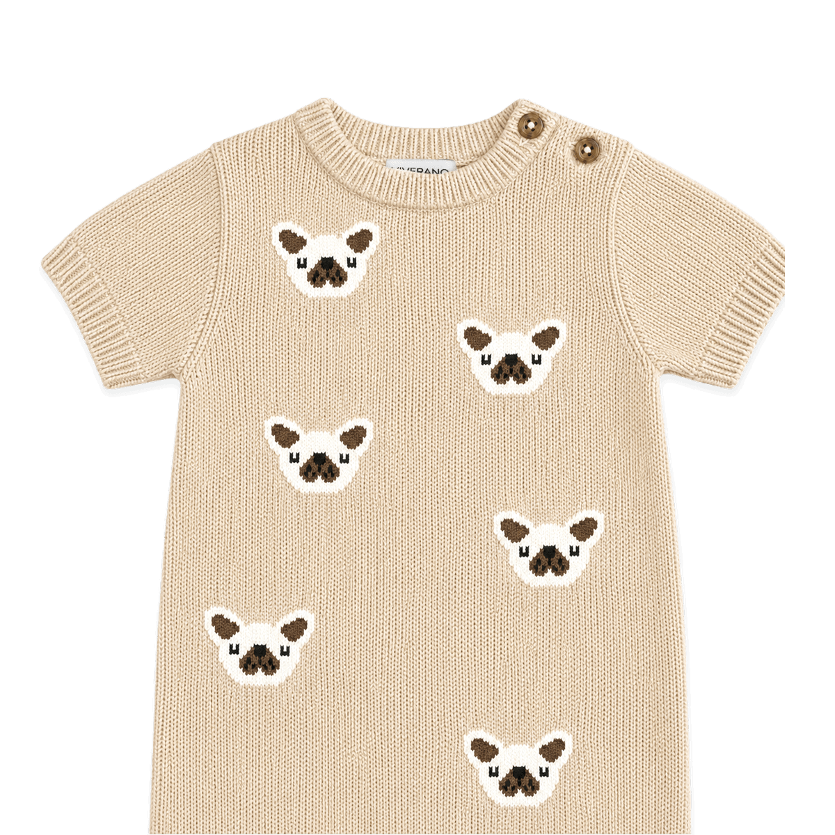 detail of frenchie dog jacquard knit baby romper made with organic cotton