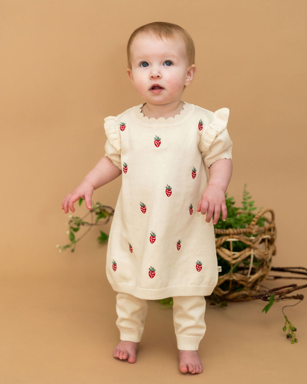 Strawberry Embroidered Sweater Knit Baby Dress (Organic Cotton) Sweet Cream / 12-18M Strawberry Embroidered Sweater Knit Baby Dress (Organic Cotton) Sweet Cream / 12-18M