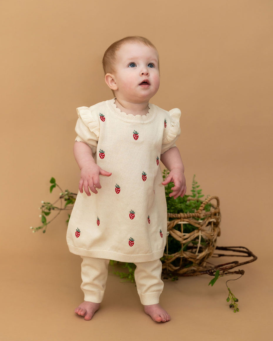 Strawberry Embroidered Sweater Knit Baby Dress (Organic Cotton) Sweet Cream / 12-18M Strawberry Embroidered Sweater Knit Baby Dress (Organic Cotton) Sweet Cream / 12-18M