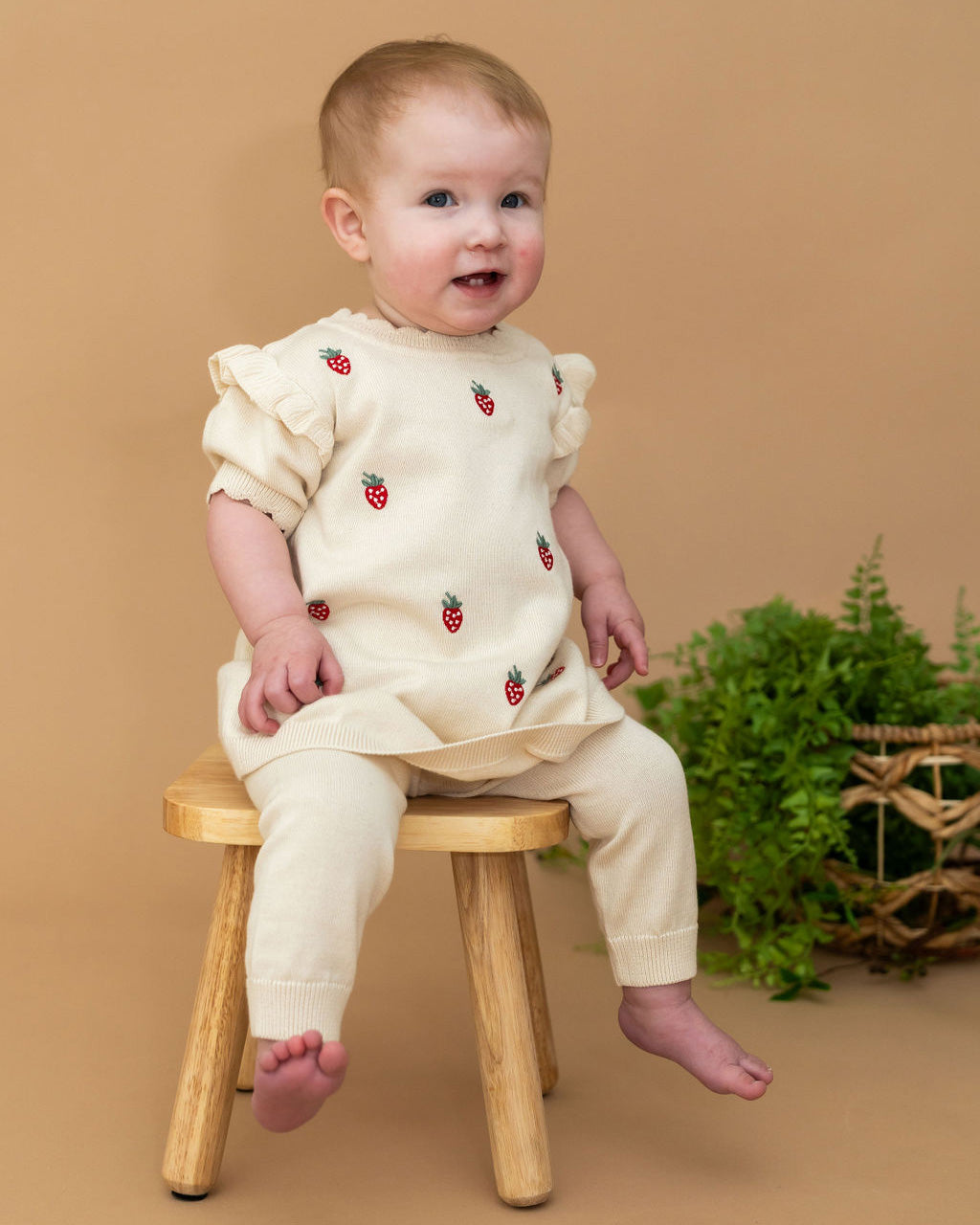 Strawberry Embroidered Sweater Knit Baby Dress (Organic Cotton) Sweet Cream / 12-18M Strawberry Embroidered Sweater Knit Baby Dress (Organic Cotton) Sweet Cream / 12-18M