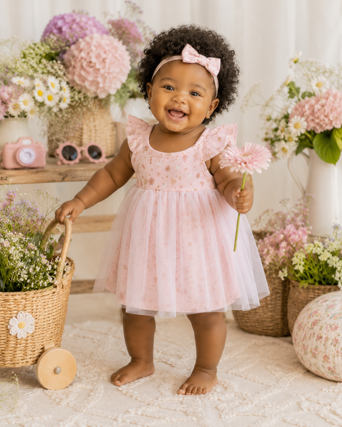 Baby Girl Wearing Pink Floral Tutu Romper Baby Dress, Organic Jersey by Viverano