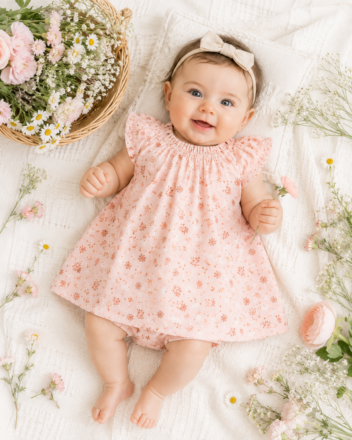 Baby Wearing Pink Floral Puff Sleeve Baby Dress and Bloomer Set, Organic Muslin by Viverano