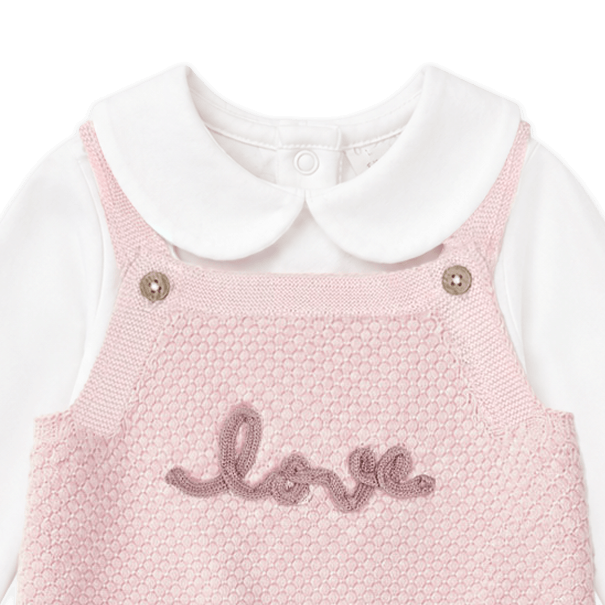 Detail of Love Embroidered Sweater Knit Baby Romper & Bodysuit Set in Organic Cotton