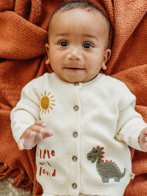 Little & Loved Dino Applique Baby Cardigan (Organic Cotton) - Lifestyle