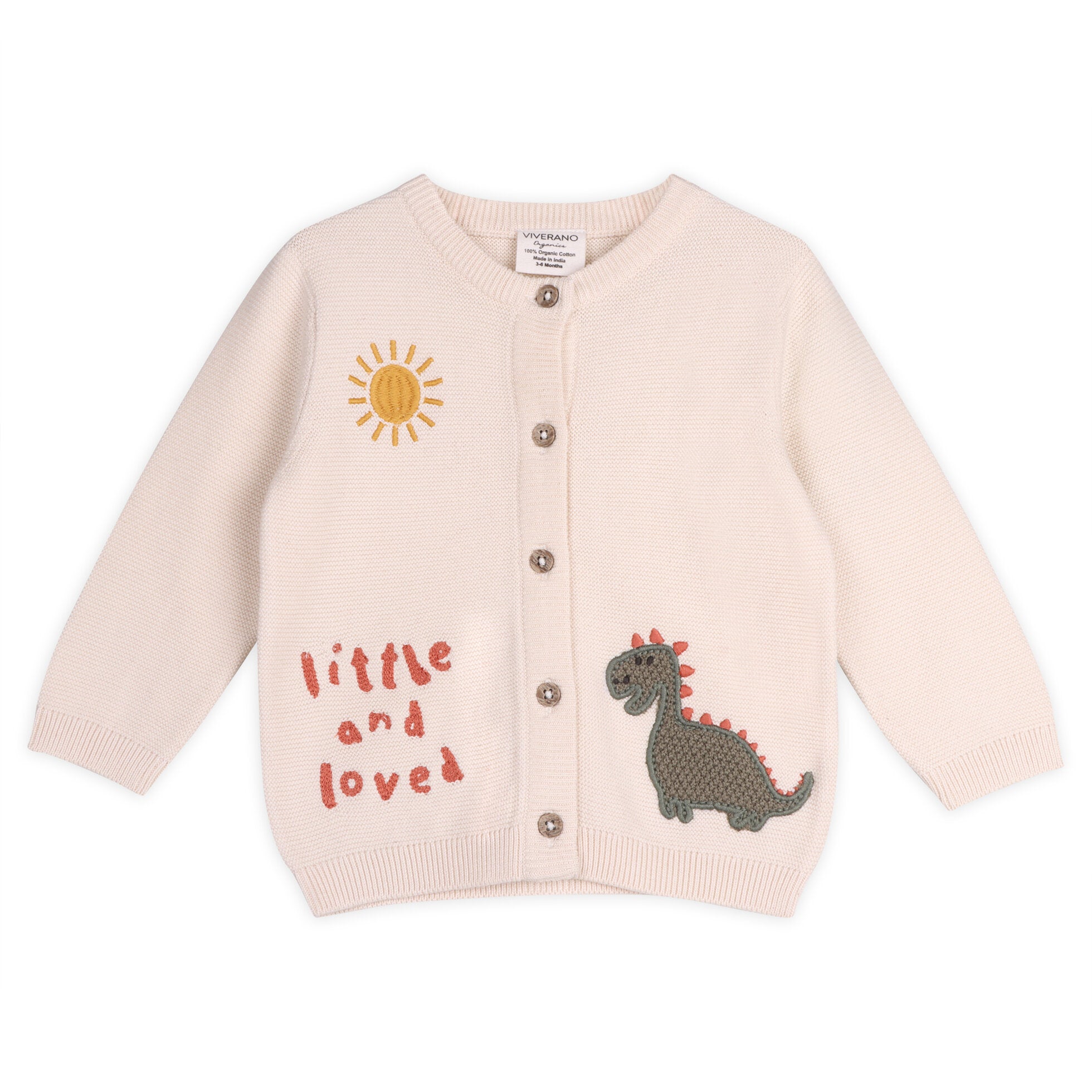 Little & Loved Dino Applique Baby Cardigan (Organic Cotton) Front