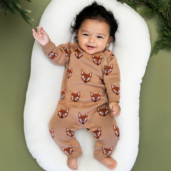 Viverano | Fox Jacquard Knit Baby Jumpsuit (Organic Cotton)