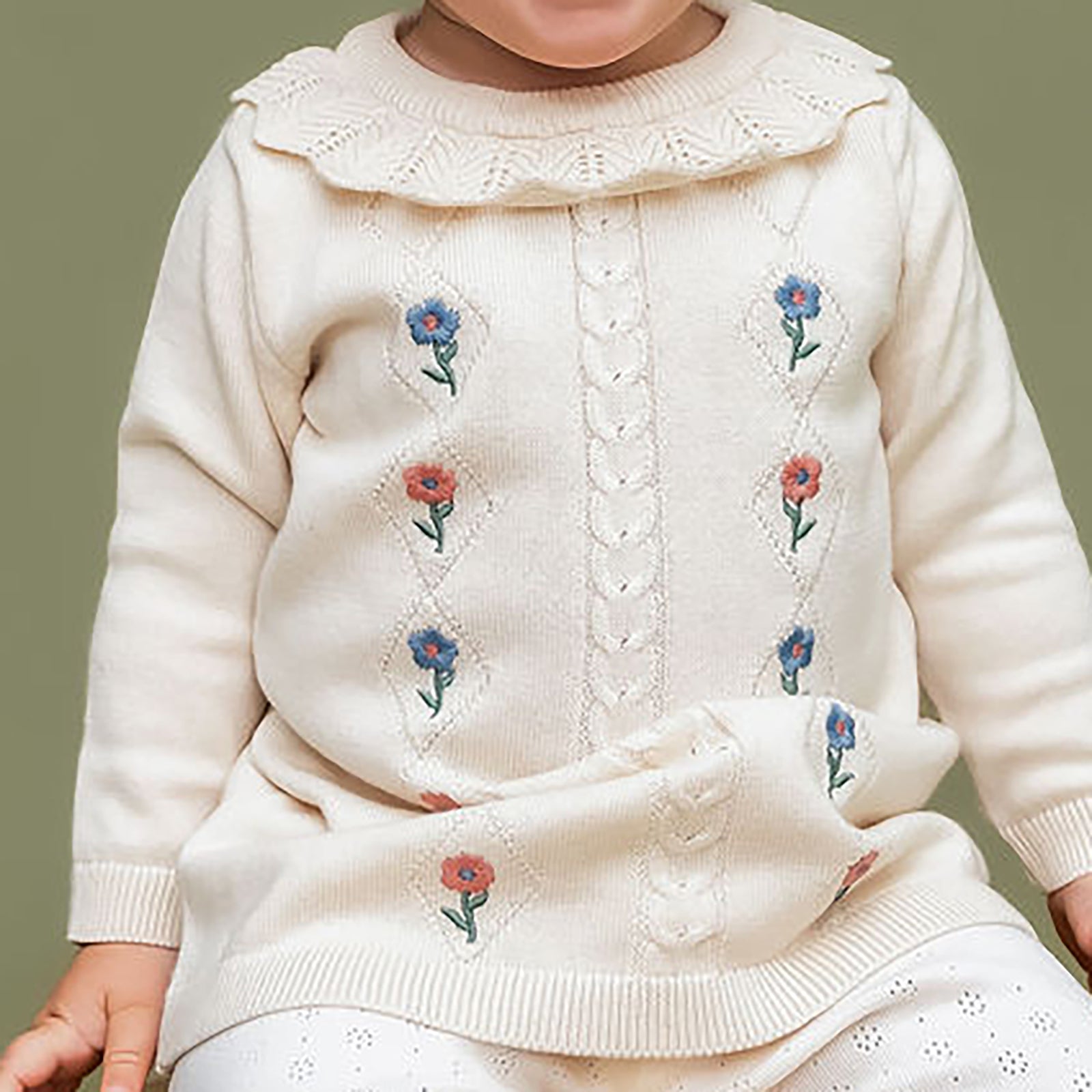 Emma Floral Embroidered Knit Baby Ruffle Dress (Organic Cotton)