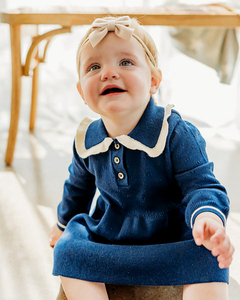 Adeline Ruffle Collar Sweater Knit Baby Dress (Organic Cotton) Navy Blue / 0-3M