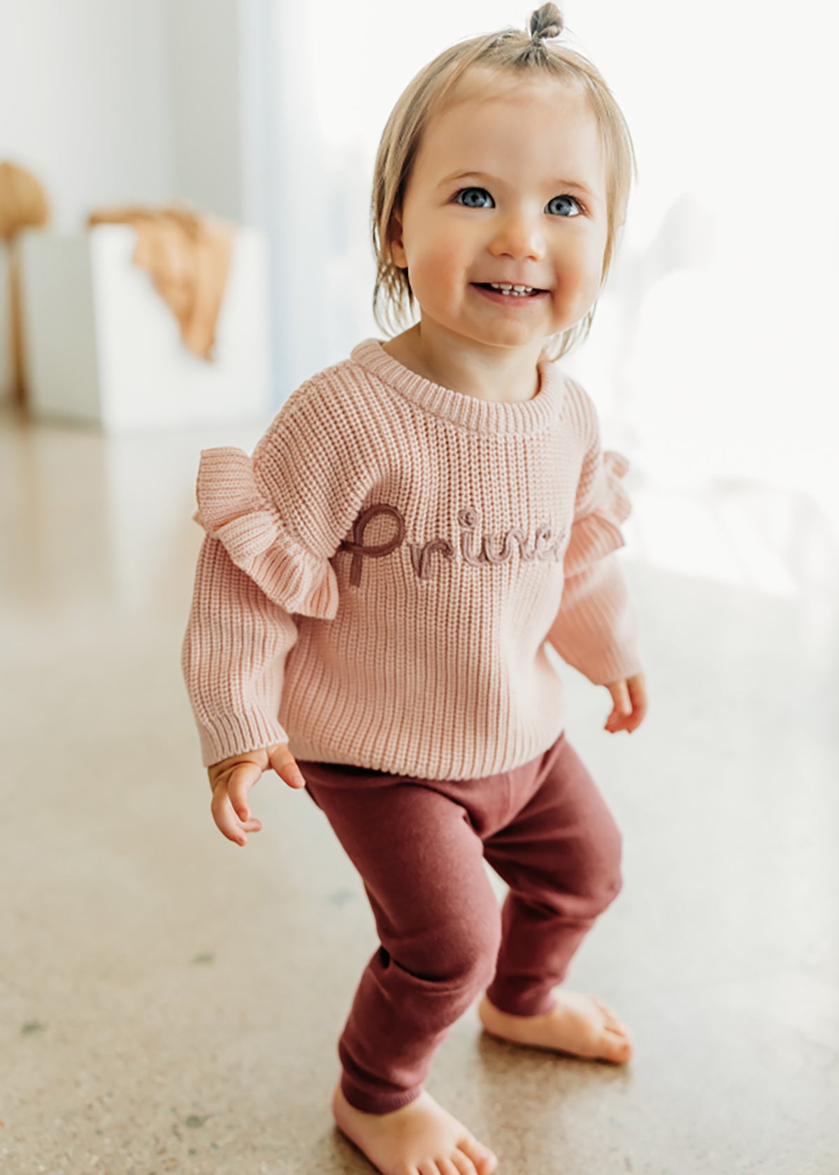Princess Embroidered Slouchy Sweater Knit Baby Pullover (Organic Cotton)