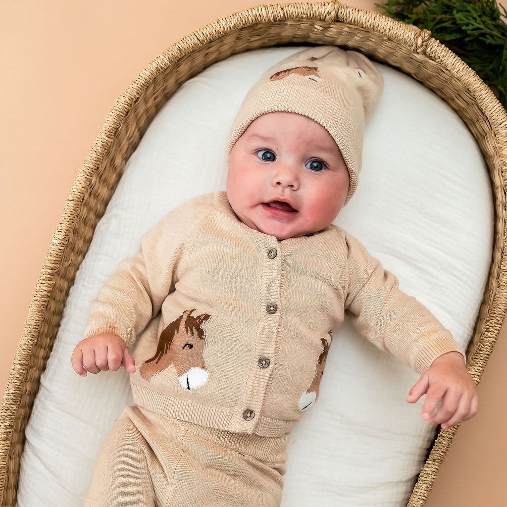 Horse Jacquard Sweater Knit Baby Cardigan (Organic Cotton)