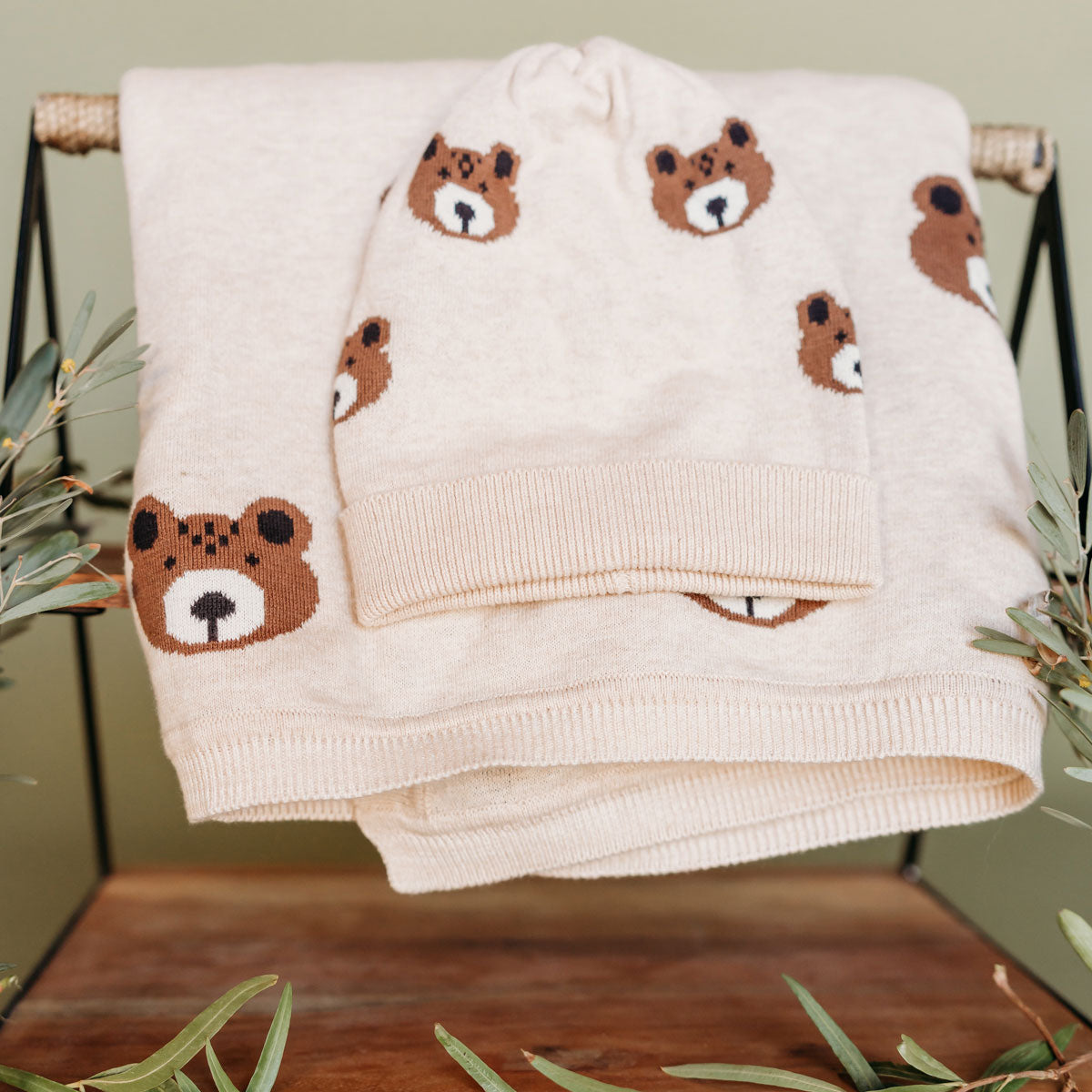 Bear Sweater Knit Round Baby Beanie Hat (Organic Cotton) on matching blanket by Viverano