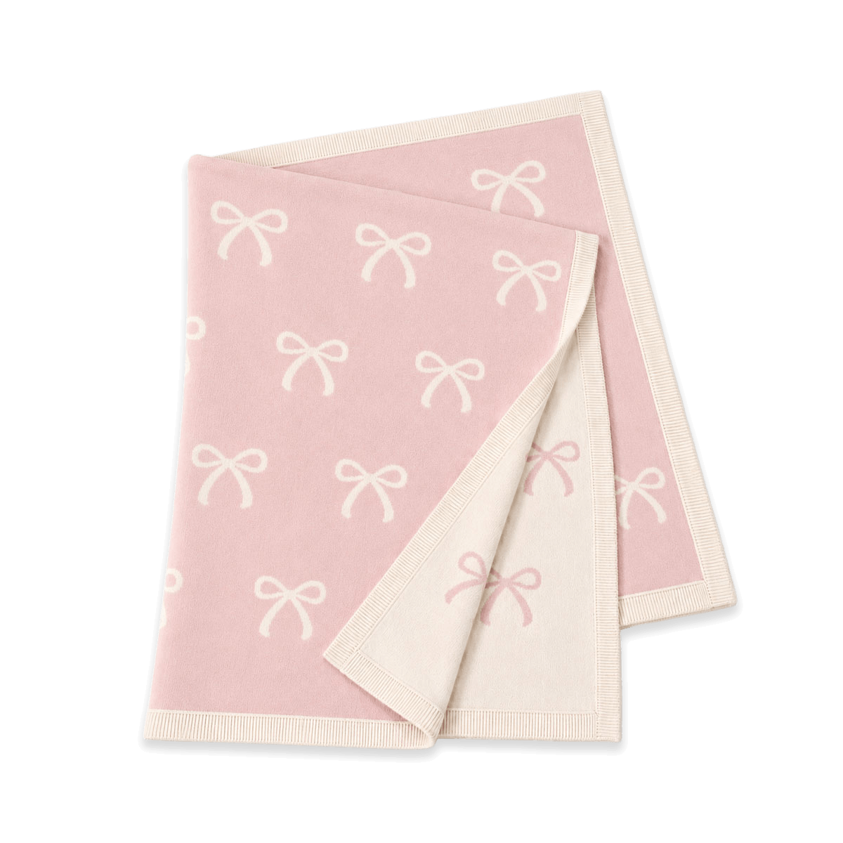Sweet Bow - Reversible Jacquard Sweater Knit Baby Blanket Organic Cotton - Sweet Pink, Folded
