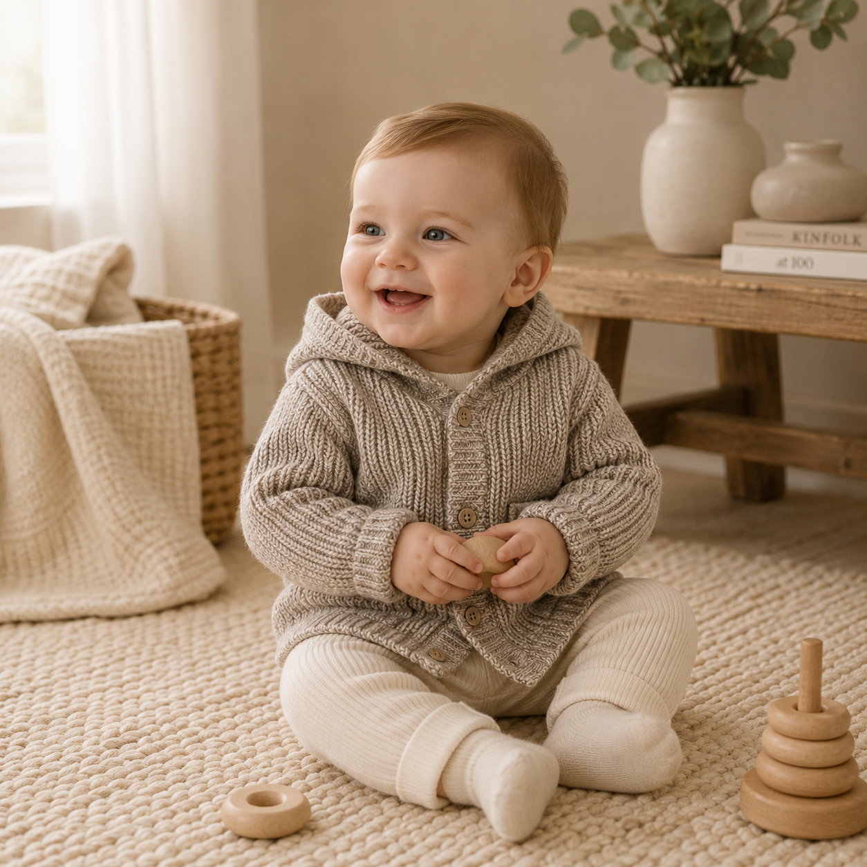 Baby Wearing Classic Chunky Knit Baby Hooded Jacket, Organic Cotton by Viverano