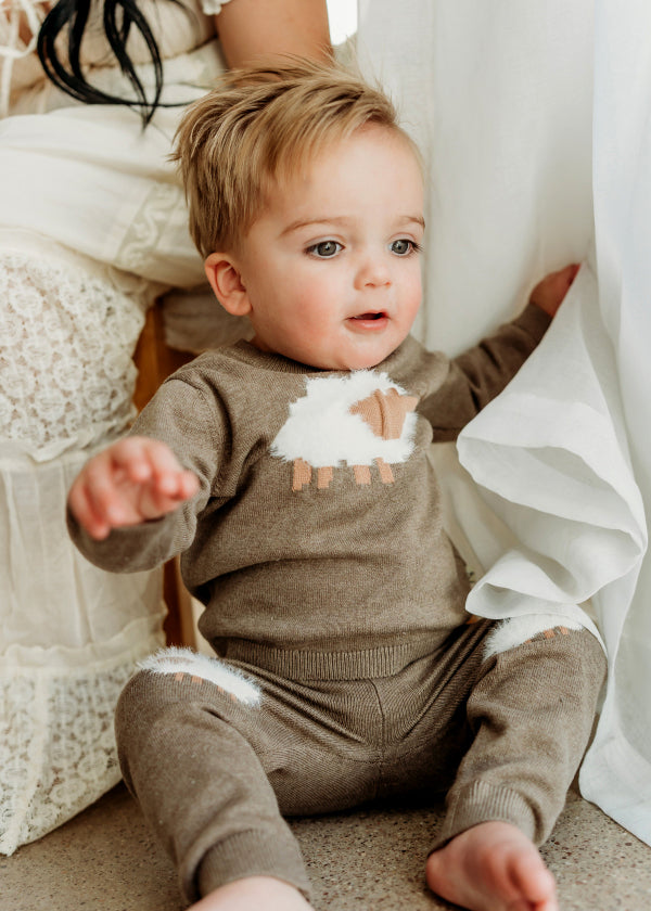 Sheep Jacquard Knit Baby Pullover & Pant SET (Organic Cotton)