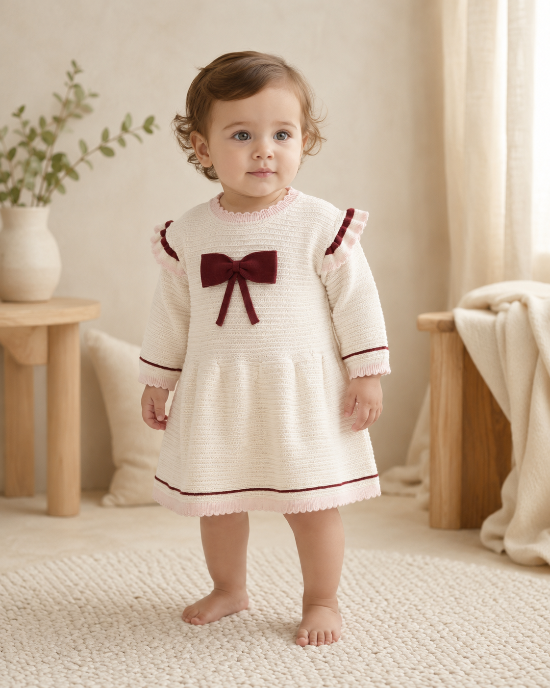 Baby Girl Wearing Ella Tex Knit Baby Ruffle Dress, Organic Cotton by Viverano