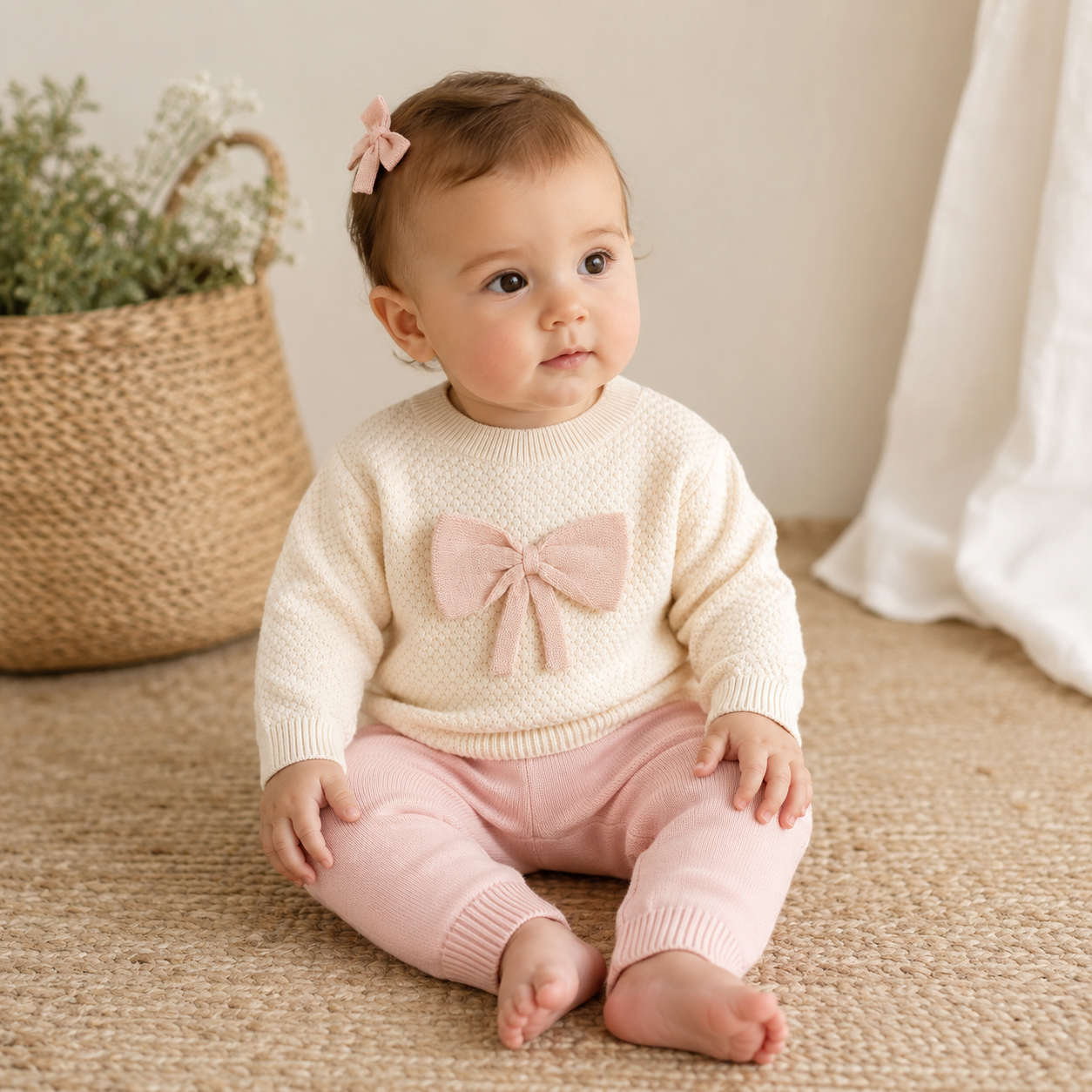 Baby Girl Wearing Ella Bow Knit Baby Pullover, Organic Cotton by Viverano