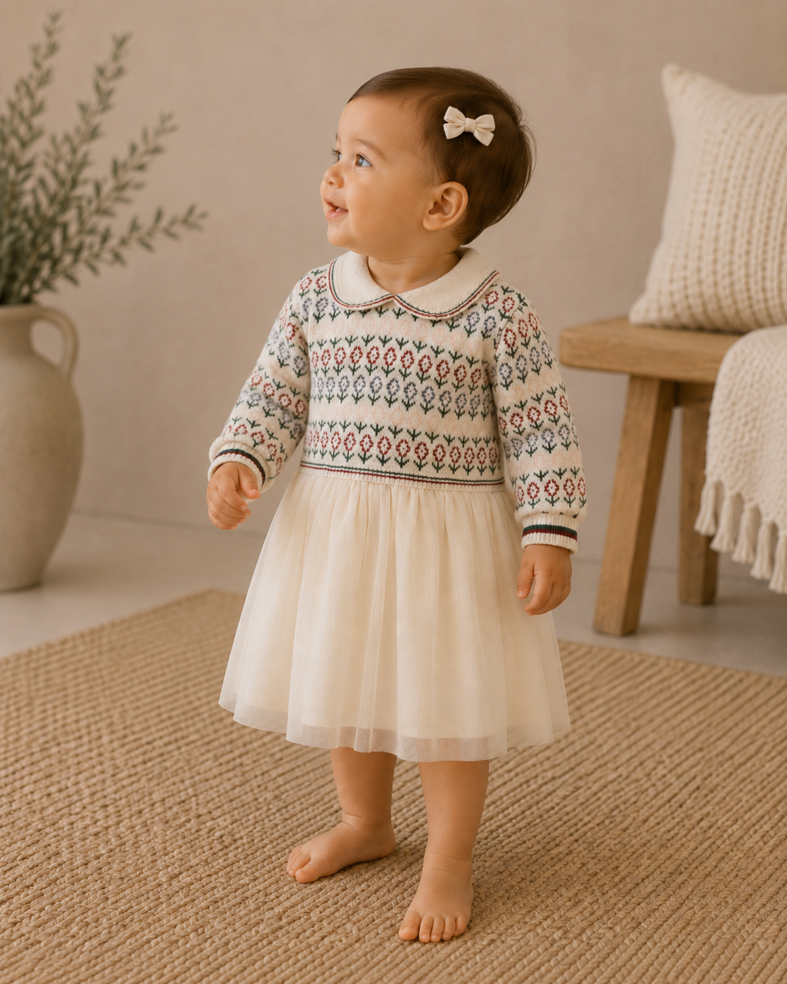 Baby Girl Wearing Dahlia Floral Jacquard Knit Baby Tutu Dress, Organic Cotton by Viverano